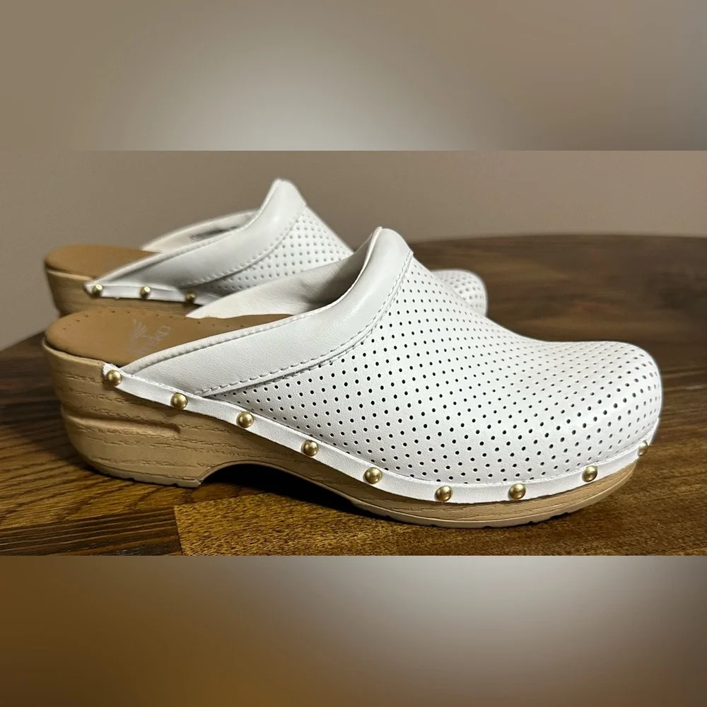 Dansko White Perforated with studs Mules with Tan Soles. New without box - Picture 1 of 7